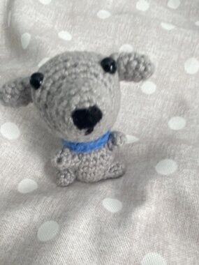 Handmade Crochet Gray Dog Plush Stuffed Animal Mini w/ Blue Collar Under 6 in